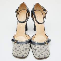 Pre Owned حذاء كعب عالي لوي فيتون جلد وكانفاس ميني لين أبيض/أزرق كحلي سير كاحل مقاس 40