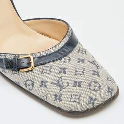 Pre Owned حذاء كعب عالي لوي فيتون جلد وكانفاس ميني لين أبيض/أزرق كحلي سير كاحل مقاس 40