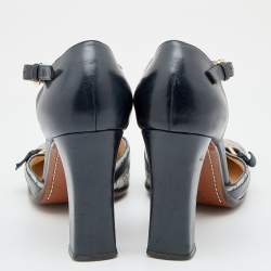 Pre Owned حذاء كعب عالي لوي فيتون جلد وكانفاس ميني لين أبيض/أزرق كحلي سير كاحل مقاس 40