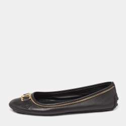 Pre Owned Louis Vuitton Black Leather Zipper Trim Oxford Ballet Flats Size 38.5