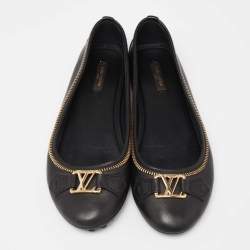 Pre Owned Louis Vuitton Black Leather Zipper Trim Oxford Ballet Flats Size 38.5