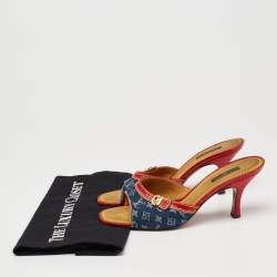 Pre Owned Louis Vuitton Blue/Red Monogram Denim and Leather Slide Sandals Size 38