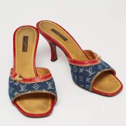 Pre Owned Louis Vuitton Blue/Red Monogram Denim and Leather Slide Sandals Size 38