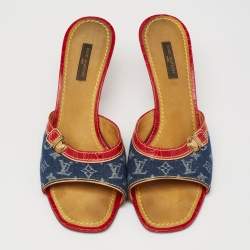 Pre Owned Louis Vuitton Blue/Red Monogram Denim and Leather Slide Sandals Size 38