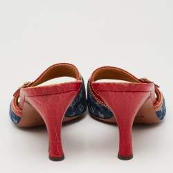 Pre Owned Louis Vuitton Blue/Red Monogram Denim and Leather Slide Sandals Size 38
