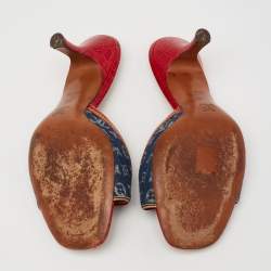Pre Owned Louis Vuitton Blue/Red Monogram Denim and Leather Slide Sandals Size 38