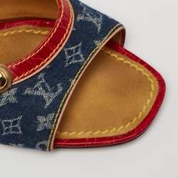 Pre Owned Louis Vuitton Blue/Red Monogram Denim and Leather Slide Sandals Size 38