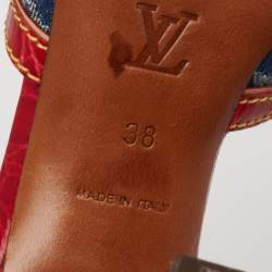Pre Owned Louis Vuitton Blue/Red Monogram Denim and Leather Slide Sandals Size 38