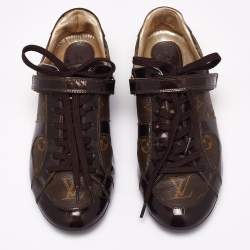 مملوكة مسبقًا حذاء رياضي لوي فيتون كانفاس مونوغرامي وجلد بني لامع برباط مقاس 36.5