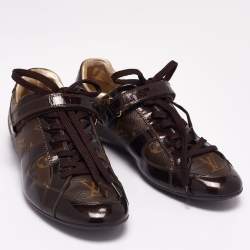 مملوكة مسبقًا حذاء رياضي لوي فيتون كانفاس مونوغرامي وجلد بني لامع برباط مقاس 36.5