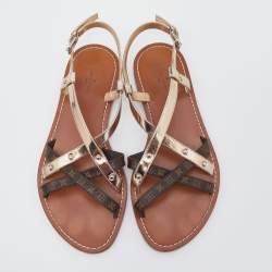 Pre Owned صندل فلات لوي فيتون كانفاس مونوغرامي وجلد بني/ذهبي ميتاليك بسيور مقاس 38