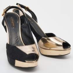 Louis Vuitton Black/Gold Leather And Fabric Ankle Strap Platform Sandals Size 37.5