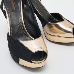 Louis Vuitton Black/Gold Leather And Fabric Ankle Strap Platform Sandals Size 37.5