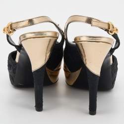 Louis Vuitton Black/Gold Leather And Fabric Ankle Strap Platform Sandals Size 37.5