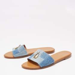 Louis Vuitton Blue Denim Fabric Lock It Flat Slides Size 37.5