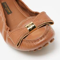 Pre Owned Louis Vuitton Brown Leather Tempting Bow Scrunch Ballet Flats Size 36.5