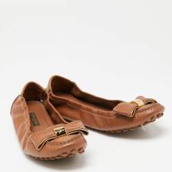 Pre Owned Louis Vuitton Brown Leather Tempting Bow Scrunch Ballet Flats Size 36.5