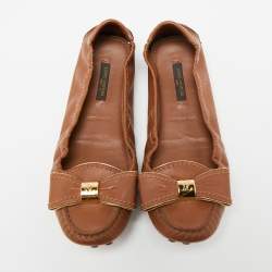Pre Owned Louis Vuitton Brown Leather Tempting Bow Scrunch Ballet Flats Size 36.5