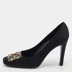 Louis Vuitton black satin 4.5 inch pump with ruffle and bow