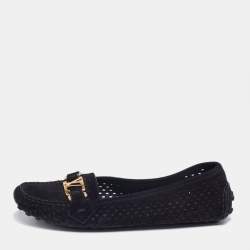 مملوكة مسبقًا حذاء لوفرز أوكسفورد لوي فيتون سويدي أسود مثقب مقاس 37.5