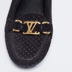 مملوكة مسبقًا حذاء لوفرز أوكسفورد لوي فيتون سويدي أسود مثقب مقاس 37.5