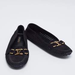 مملوكة مسبقًا حذاء لوفرز أوكسفورد لوي فيتون سويدي أسود مثقب مقاس 37.5