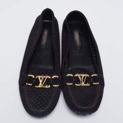 مملوكة مسبقًا حذاء لوفرز أوكسفورد لوي فيتون سويدي أسود مثقب مقاس 37.5