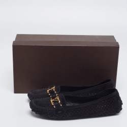 مملوكة مسبقًا حذاء لوفرز أوكسفورد لوي فيتون سويدي أسود مثقب مقاس 37.5