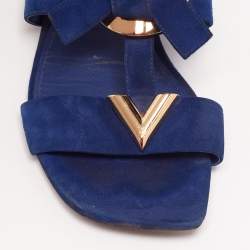 Pre Owned Louis Vuitton Blue Suede Flat Ankle-Strap Sandals Size 38