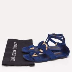 Pre Owned Louis Vuitton Blue Suede Flat Ankle-Strap Sandals Size 38