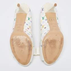 Louis Vuitton White/Multicolor Monogram Canvas and Patent Leather Bow Peep-Toe Pumps Size 39.5