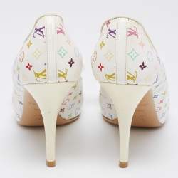 Louis Vuitton White/Multicolor Monogram Canvas and Patent Leather Bow Peep-Toe Pumps Size 39.5