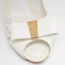 Louis Vuitton White/Multicolor Monogram Canvas and Patent Leather Bow Peep-Toe Pumps Size 39.5