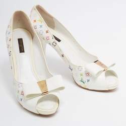 Louis Vuitton White/Multicolor Monogram Canvas and Patent Leather Bow Peep-Toe Pumps Size 39.5