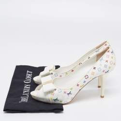 Louis Vuitton White/Multicolor Monogram Canvas and Patent Leather Bow Peep-Toe Pumps Size 39.5