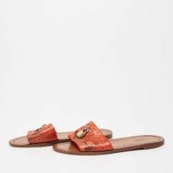 Louis Vuitton Orange/Brown Snakeskin Leather Lock It Flat  Sandals Size 38