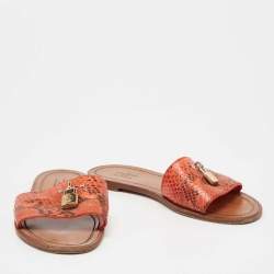 Louis Vuitton Orange/Brown Snakeskin Leather Lock It Flat  Sandals Size 38