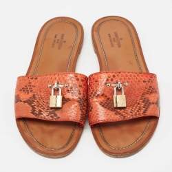 Louis Vuitton Orange/Brown Snakeskin Leather Lock It Flat  Sandals Size 38