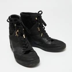 Louis Vuitton Black Leather and Embossed Monogram Suede Millenium Wedge High-Top Sneakers Size 38.5