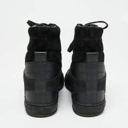 Louis Vuitton Black Leather and Embossed Monogram Suede Millenium Wedge High-Top Sneakers Size 38.5