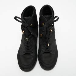 Louis Vuitton Black Leather and Embossed Monogram Suede Millenium Wedge High-Top Sneakers Size 38.5