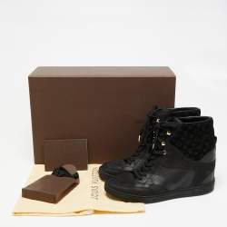 Louis Vuitton Black Leather and Embossed Monogram Suede Millenium Wedge High-Top Sneakers Size 38.5