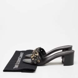 Pre Owned صندل سلايد لوي فيتون جلد أسود كعب مربع سميك مقاس 39