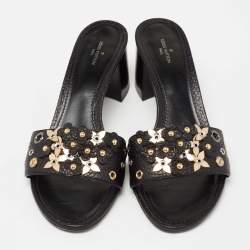 Pre Owned صندل سلايد لوي فيتون جلد أسود كعب مربع سميك مقاس 39