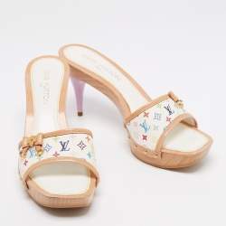 مملوكة مسبقًا صندل سلايد لوي فيتون جلد وكانفاس مونوغرامي بني مزين فيونكة مقاس 41