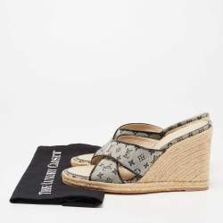 Pre Owned Louis Vuitton Two Tone Monogram Canvas and Patent Leather Espadrille Wedge Slide Sandals Size 41