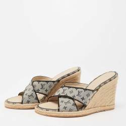 Pre Owned Louis Vuitton Two Tone Monogram Canvas and Patent Leather Espadrille Wedge Slide Sandals Size 41