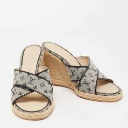 Pre Owned Louis Vuitton Two Tone Monogram Canvas and Patent Leather Espadrille Wedge Slide Sandals Size 41