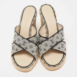 Pre Owned Louis Vuitton Two Tone Monogram Canvas and Patent Leather Espadrille Wedge Slide Sandals Size 41
