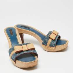 Louis Vuitton Blue/Beige Monogram Canvas and Leather Bow Grenadine Platform Slide Sandals Size 40.5